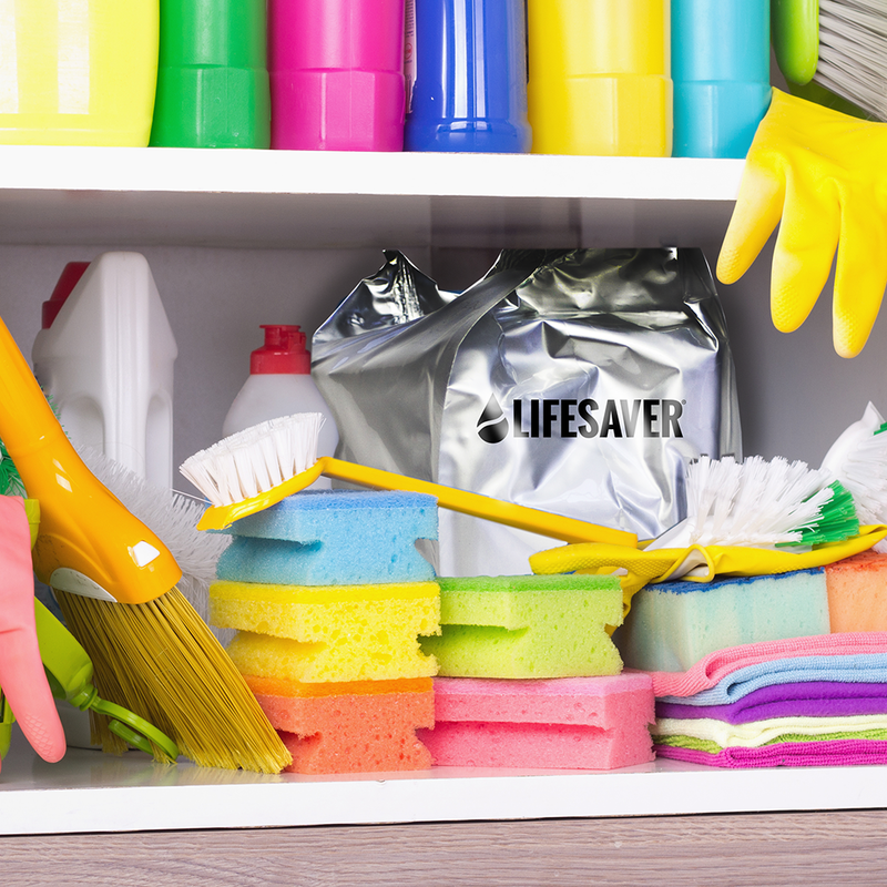 Load image into Gallery viewer, Cleaning supplies including sponges, brushes, and a foil-wrapped LifeSaver Cube on a shelf.