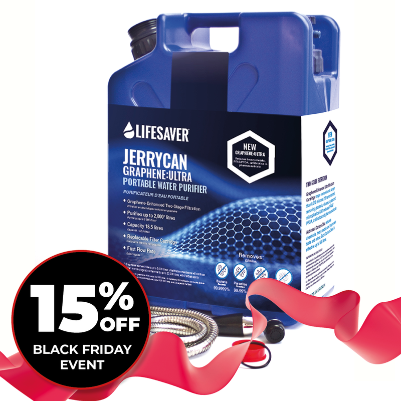 Load image into Gallery viewer, Lifesaver Jerrycan Graphene Ultra Family pack with a black Friday discount offer on a white background.
