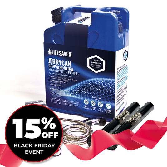 Lifesaver JerryCan Graphene Ultra water purifier with accessories on a white background, featuring a Black Friday discount offer.