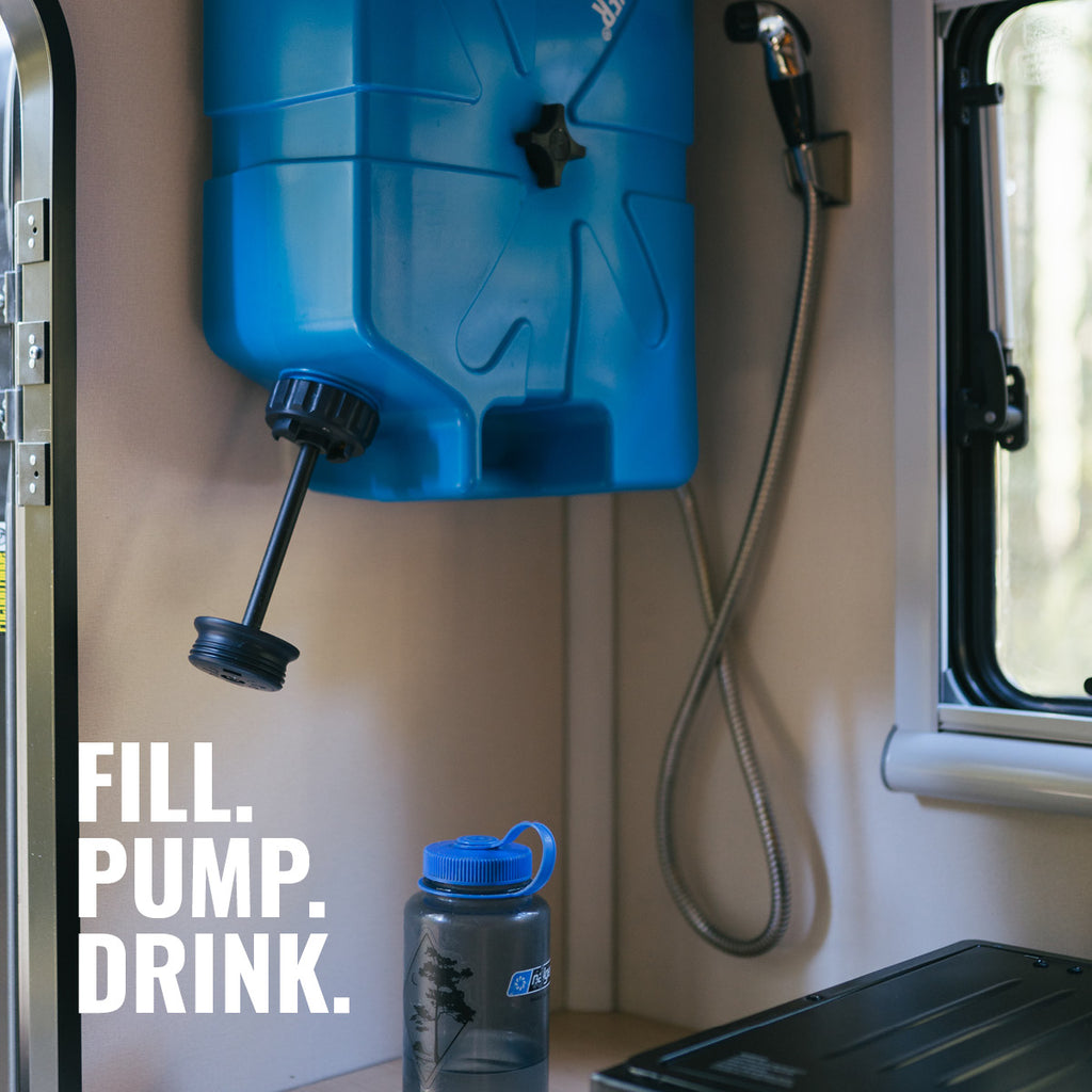 Blue Jerrycan with a hose and a water bottle on a vehicle interior.