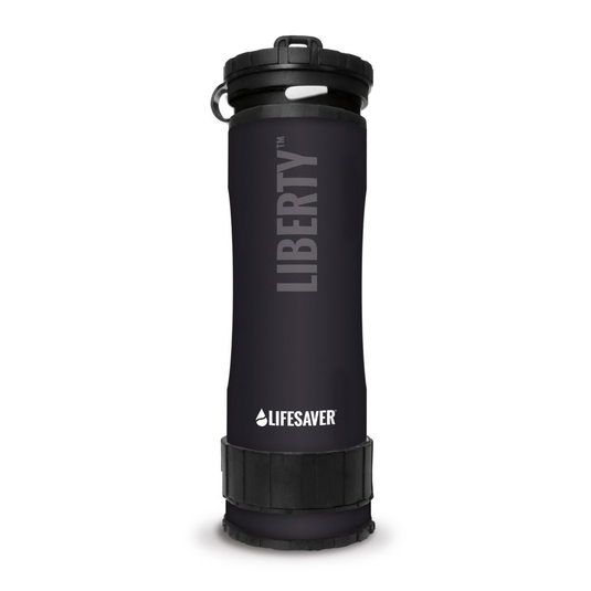 Black water bottle with 'Lifesaver' branding on a white background