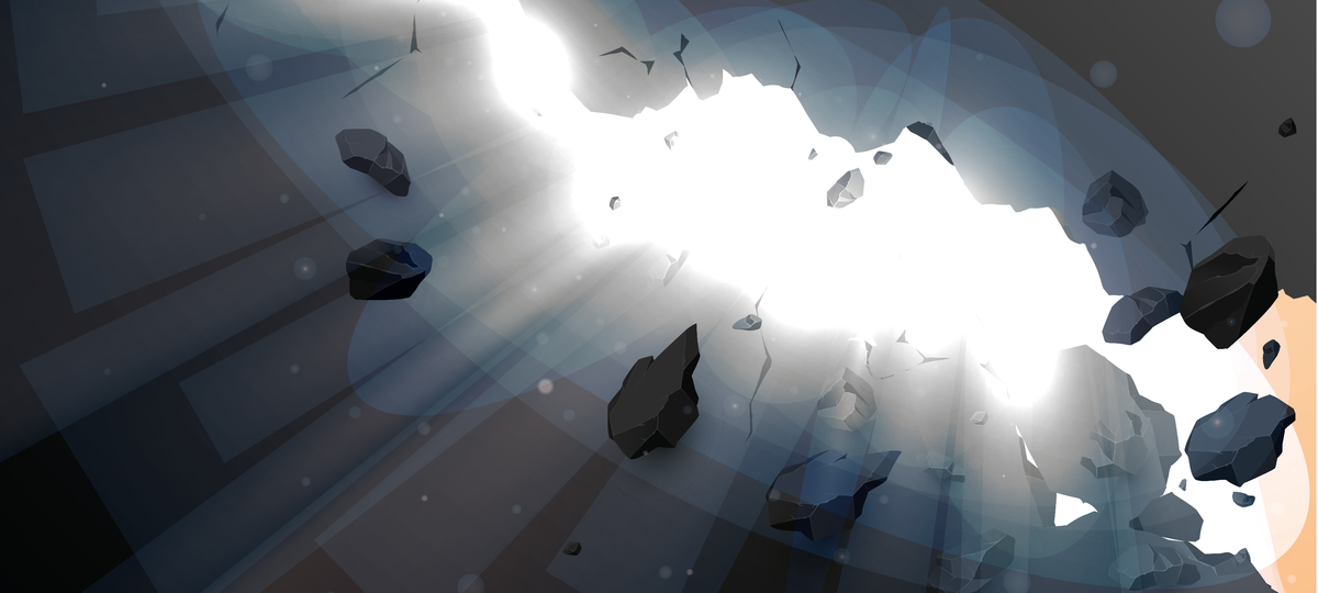 Abstract digital artwork featuring a bright white light burst with dark gray and black fragments floating against a blue-gray background with soft bokeh circles.