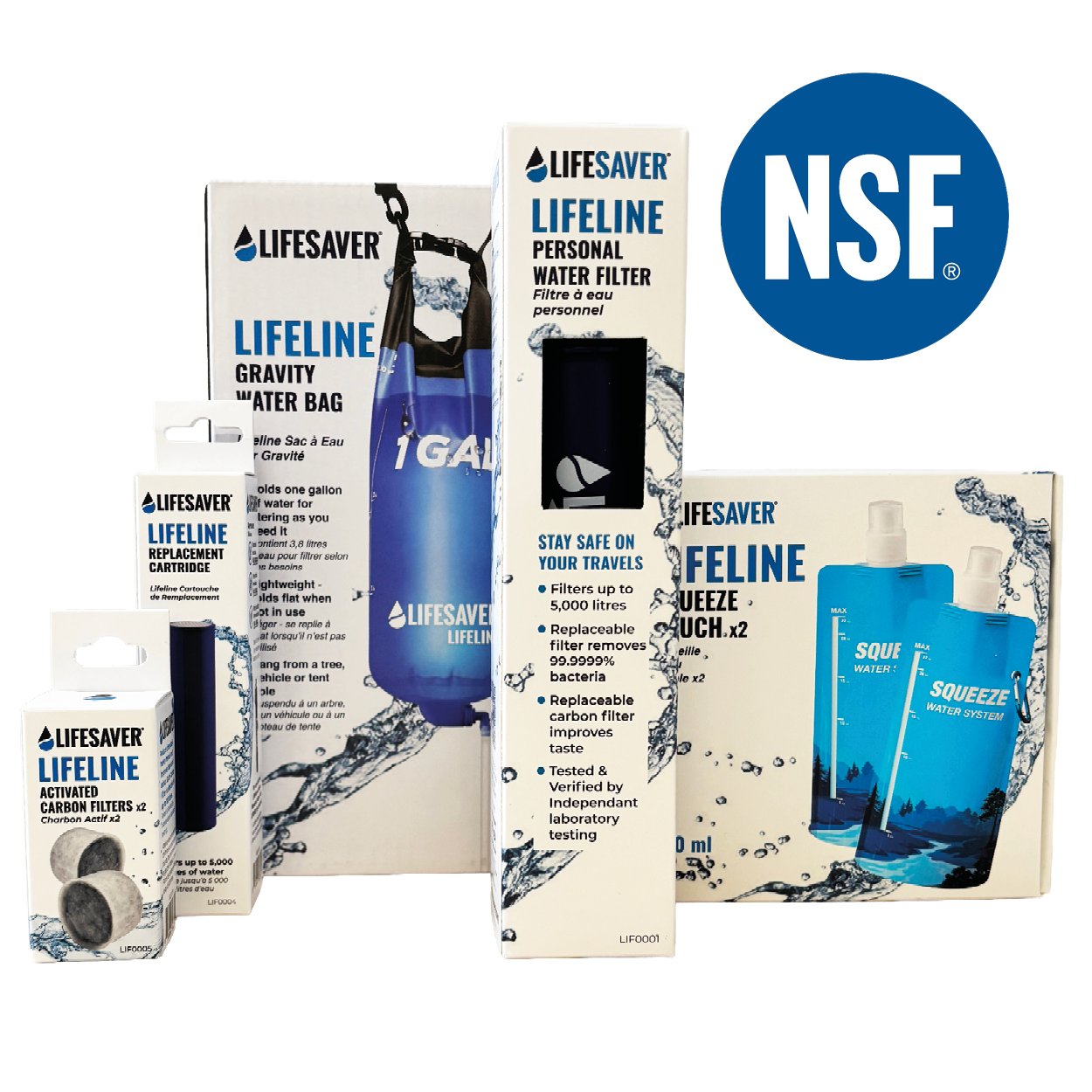 Collection of Lifesaver water filtration products with packaging and NSF logo on a white background